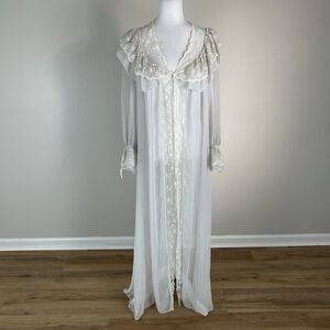 Vtg Blanche White Small Nylon Bonwit Teller Full Length Gown Peignoir Sheer Robe
